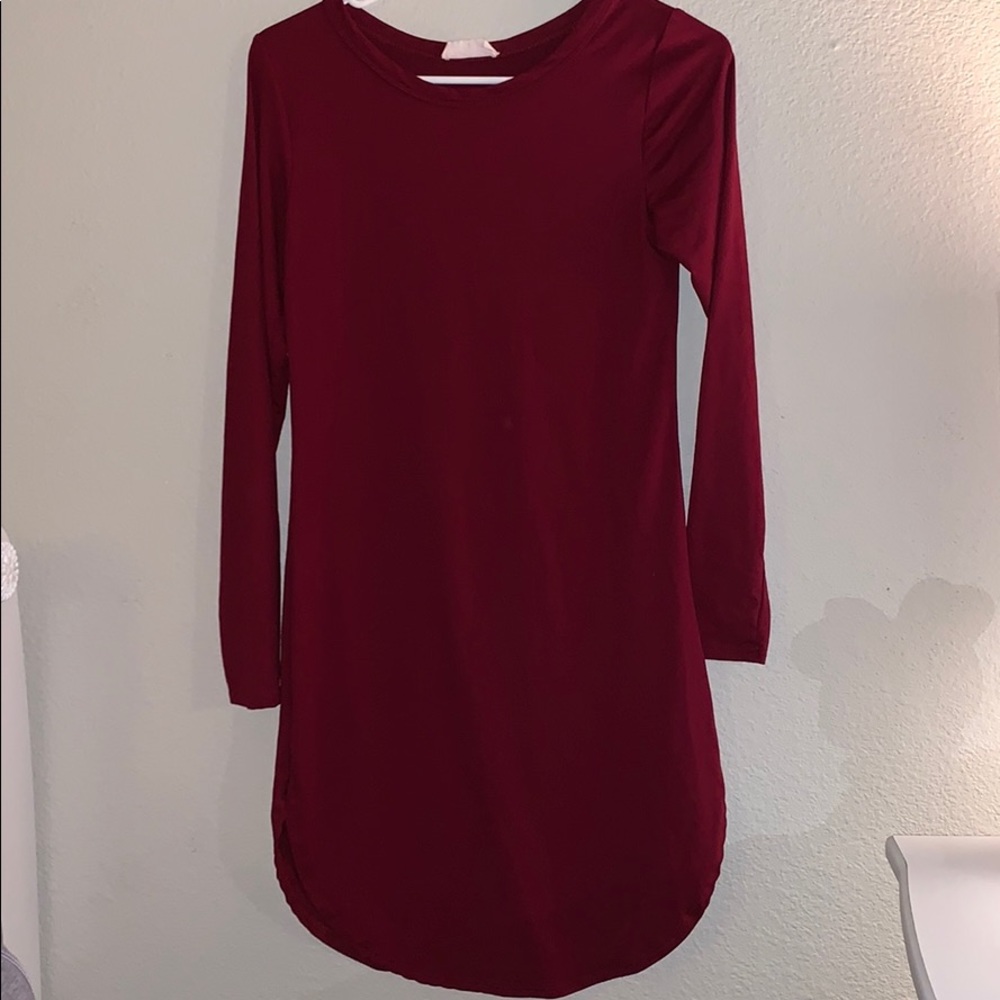 Burgundy Long Sleeve Dress, Slits on Both Sides